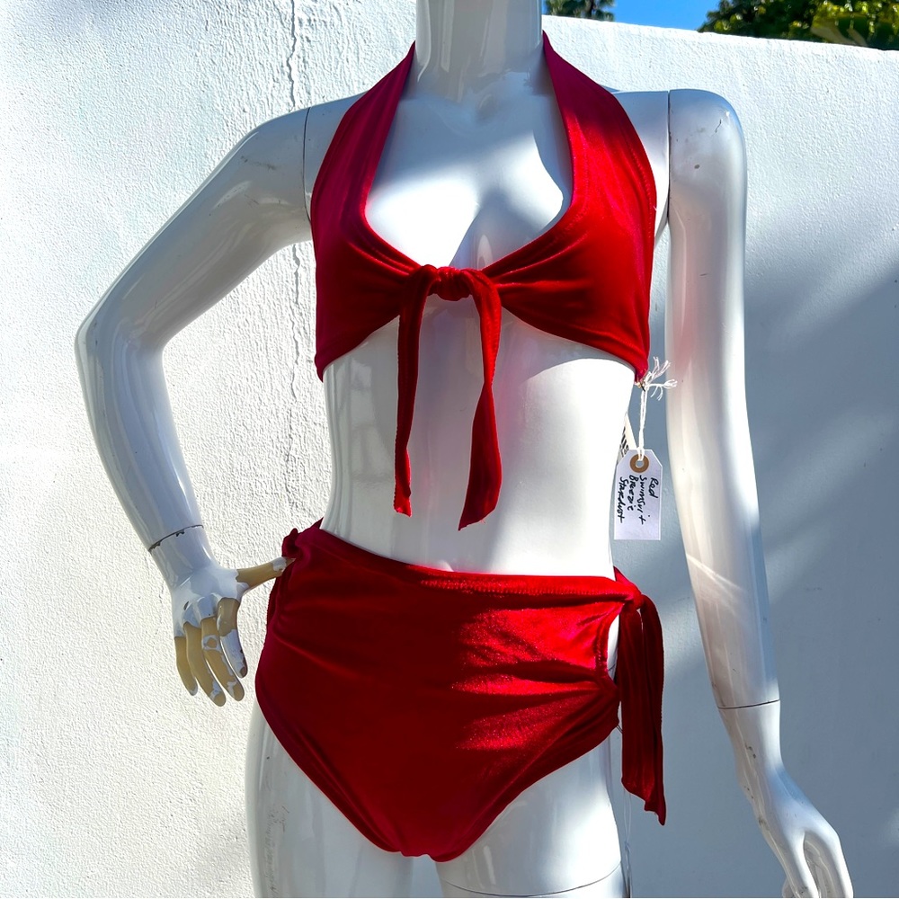 Red Velvet Halter Top and High Waist Bottom Swimsuit